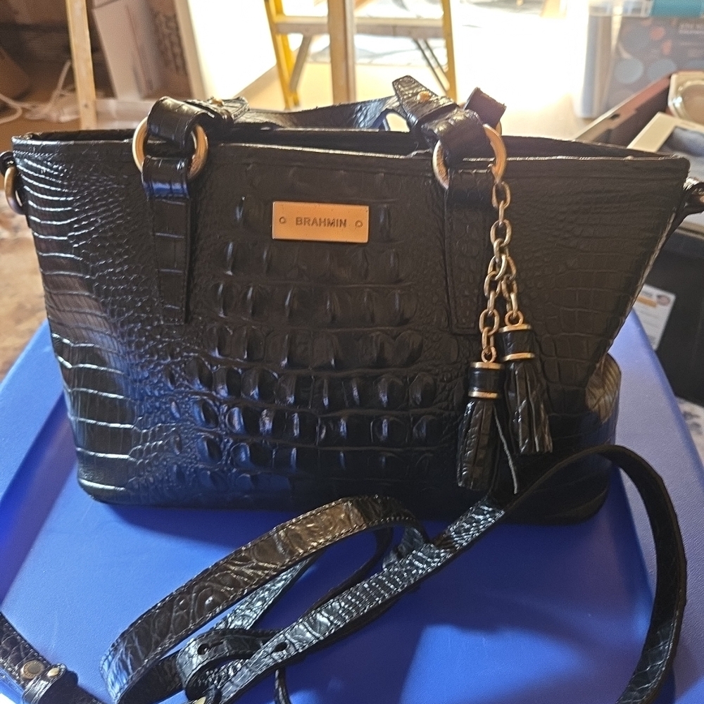Brahmin Asher Melbourne Crocodile-Embossed Leather Satchel Black